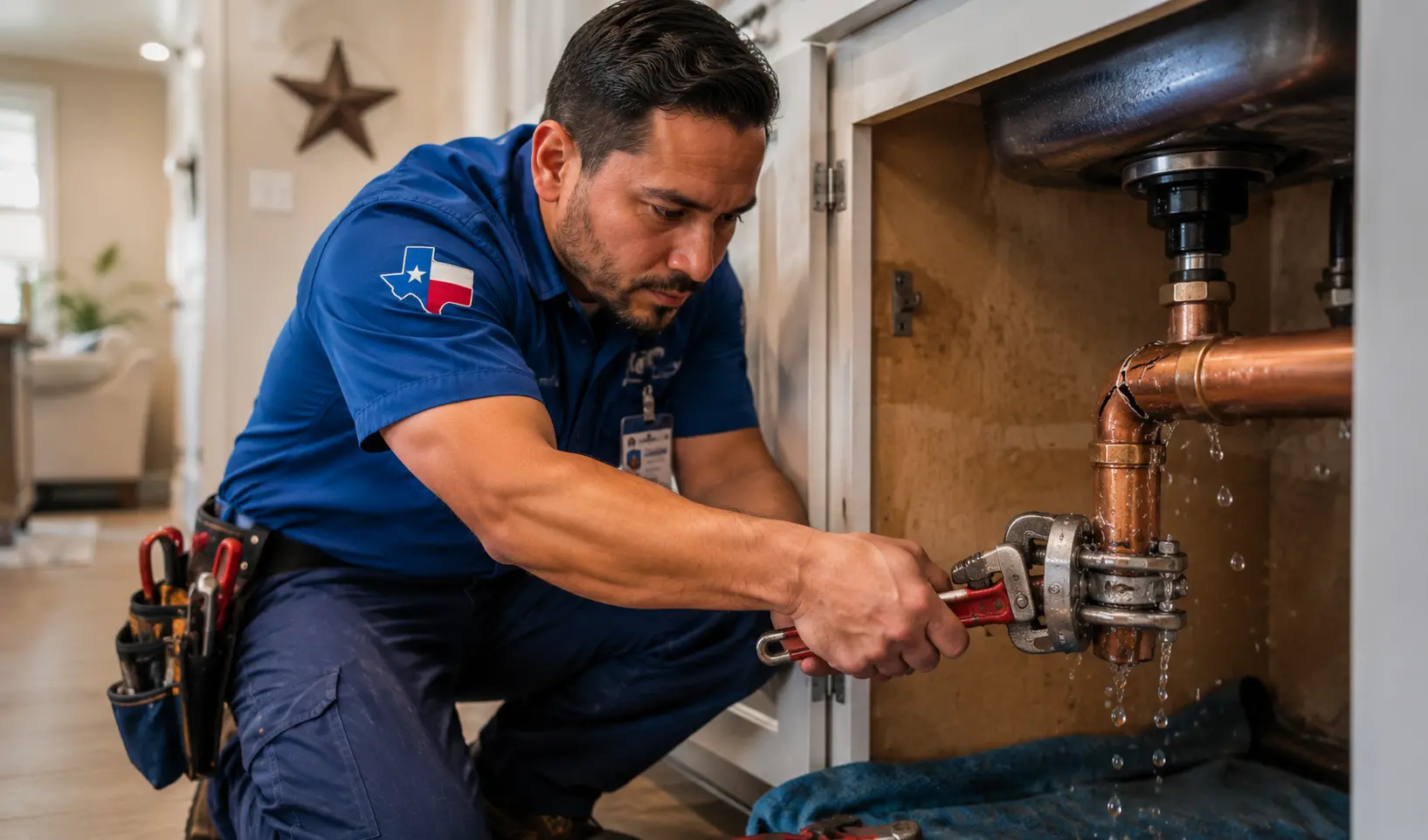Licensed plumber performing burst pipe repair Bastrop TX on a residential water line