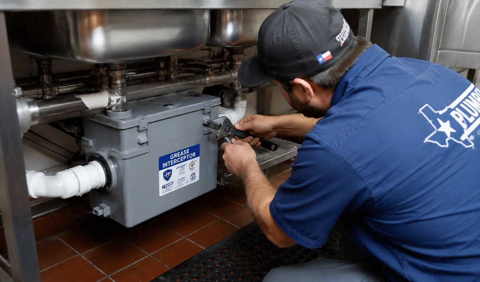 Commercial plumber Bastrop TX installing grease trap under restaurant sink