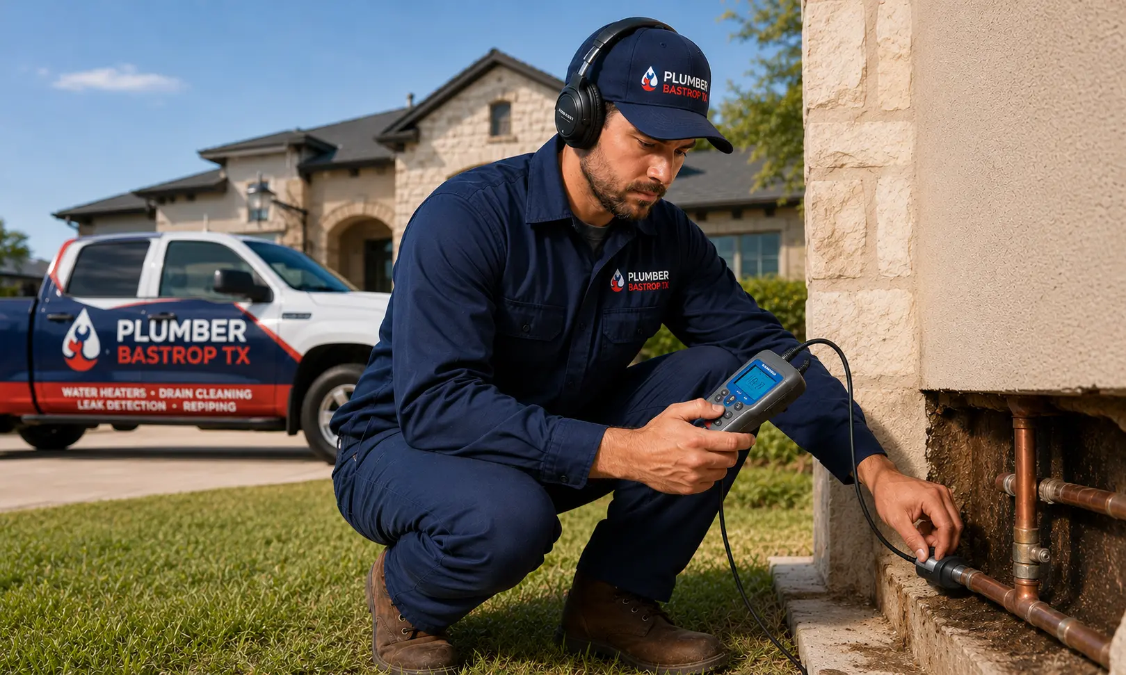 Licensed plumber performing leak detection in Bastrop TX using acoustic detection equipment on a residential water line