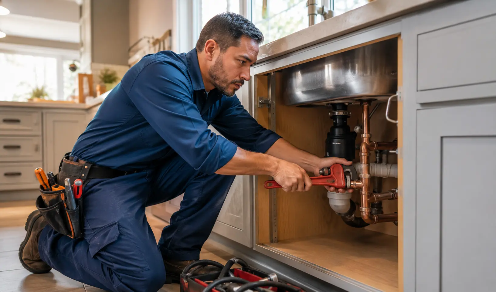 Licensed plumber performing pipe repair in Bastrop TX residential home