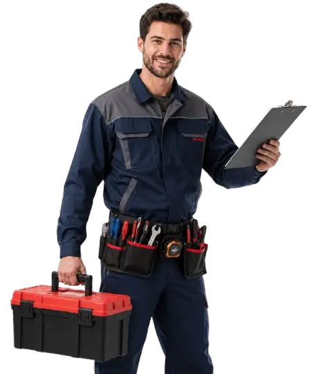 Trusted plumber Bastrop TX in uniform holding toolbox and tablet ready for service