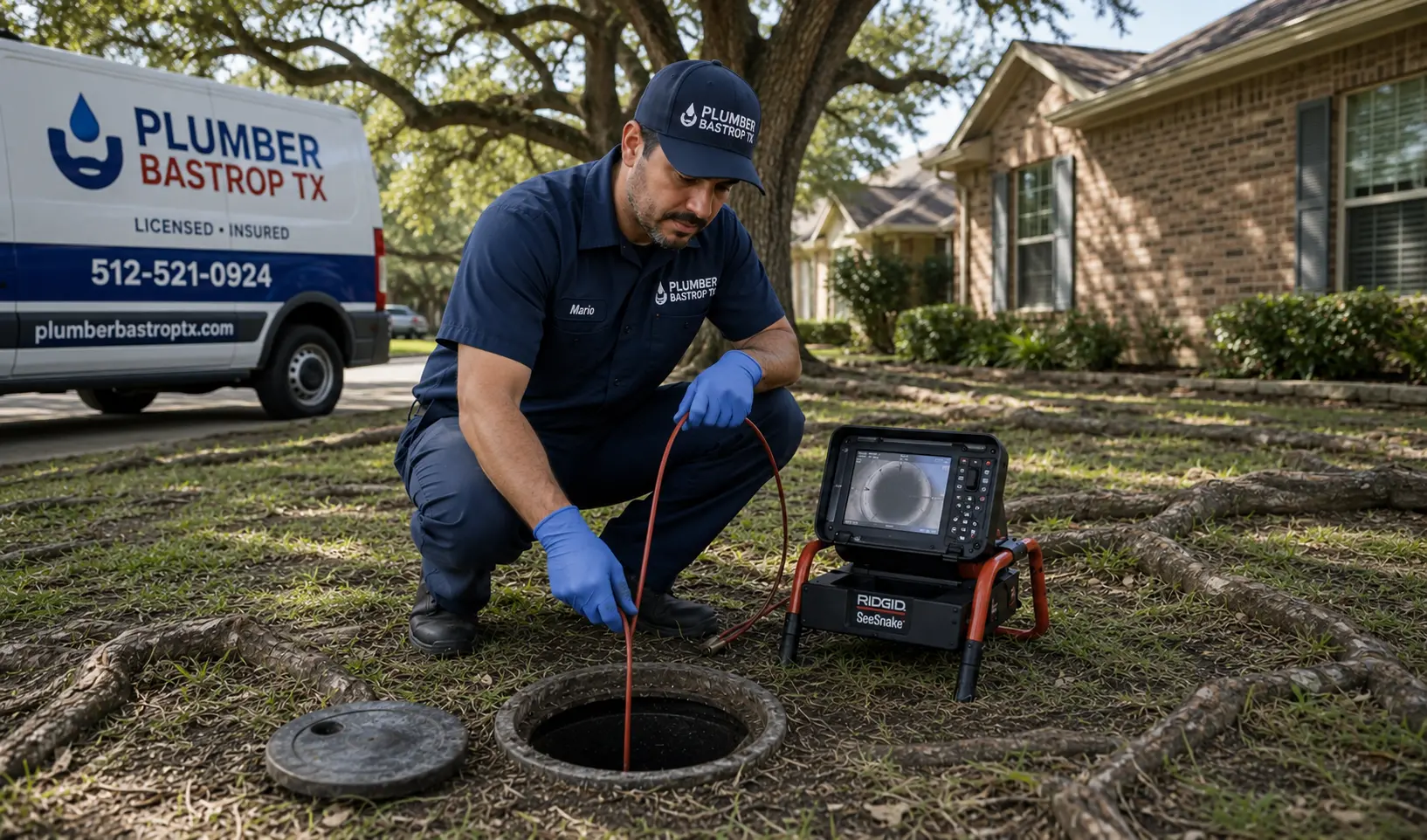 Licensed plumber performing root intrusion sewer repair inspection in Bastrop TX