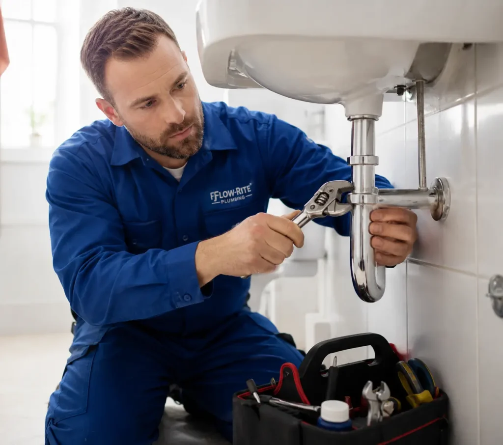 Licensed plumber Bastrop TX fixing water tap under bathroom sink