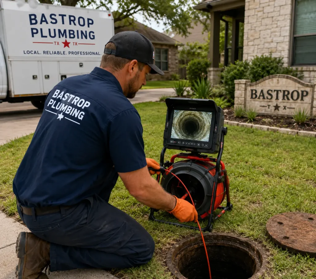 Plumber conducting a sewer camera inspection to assess sewer line replacement needs in Bastrop TX